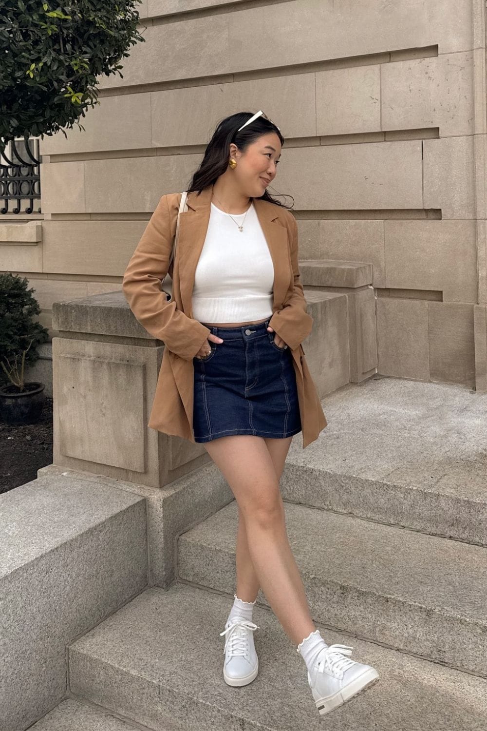 Camel Blazer, White Crop Top, and Denim Mini Skirt