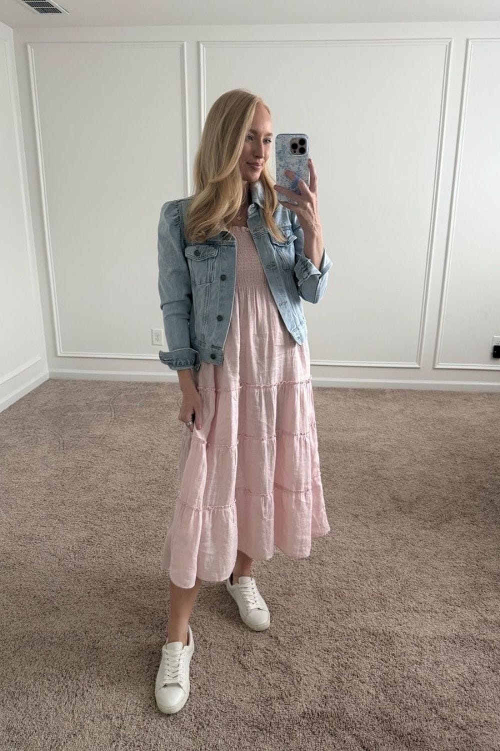 Light Pink Tiered Maxi Dress and Light Wash Denim Jacket