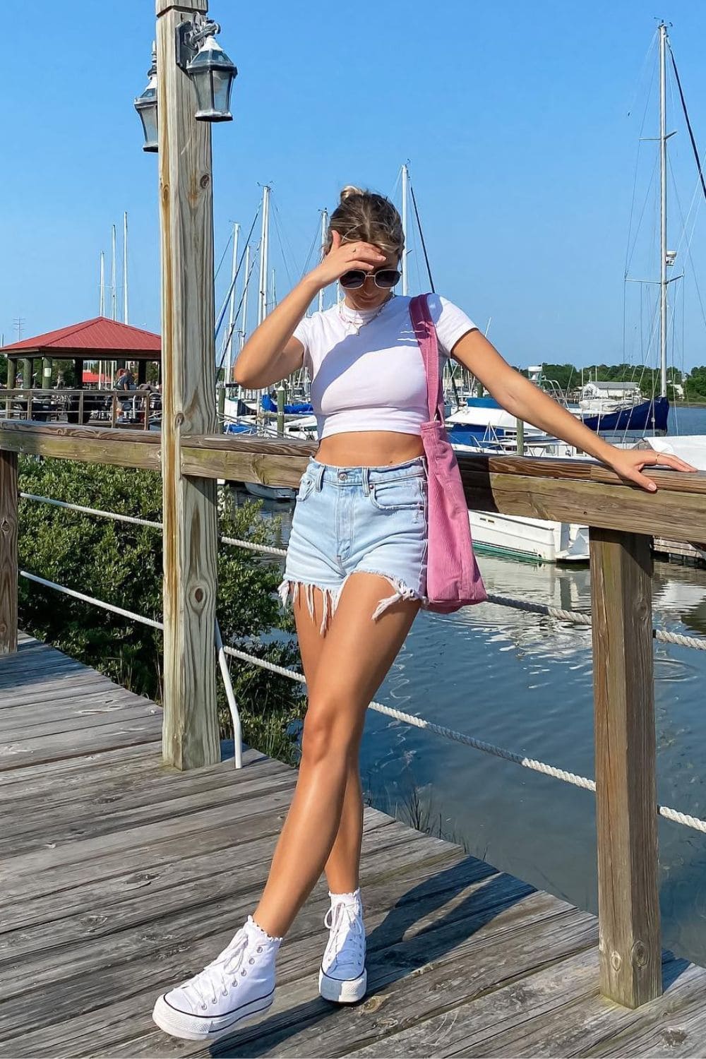 White Crop Top and Light Wash Denim Shorts