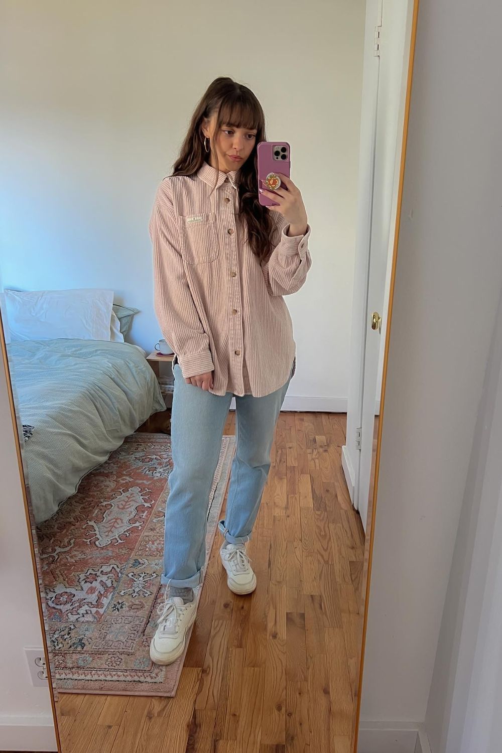 Pink Corduroy Oversized Shirt and Light Wash Boyfriend Jeans