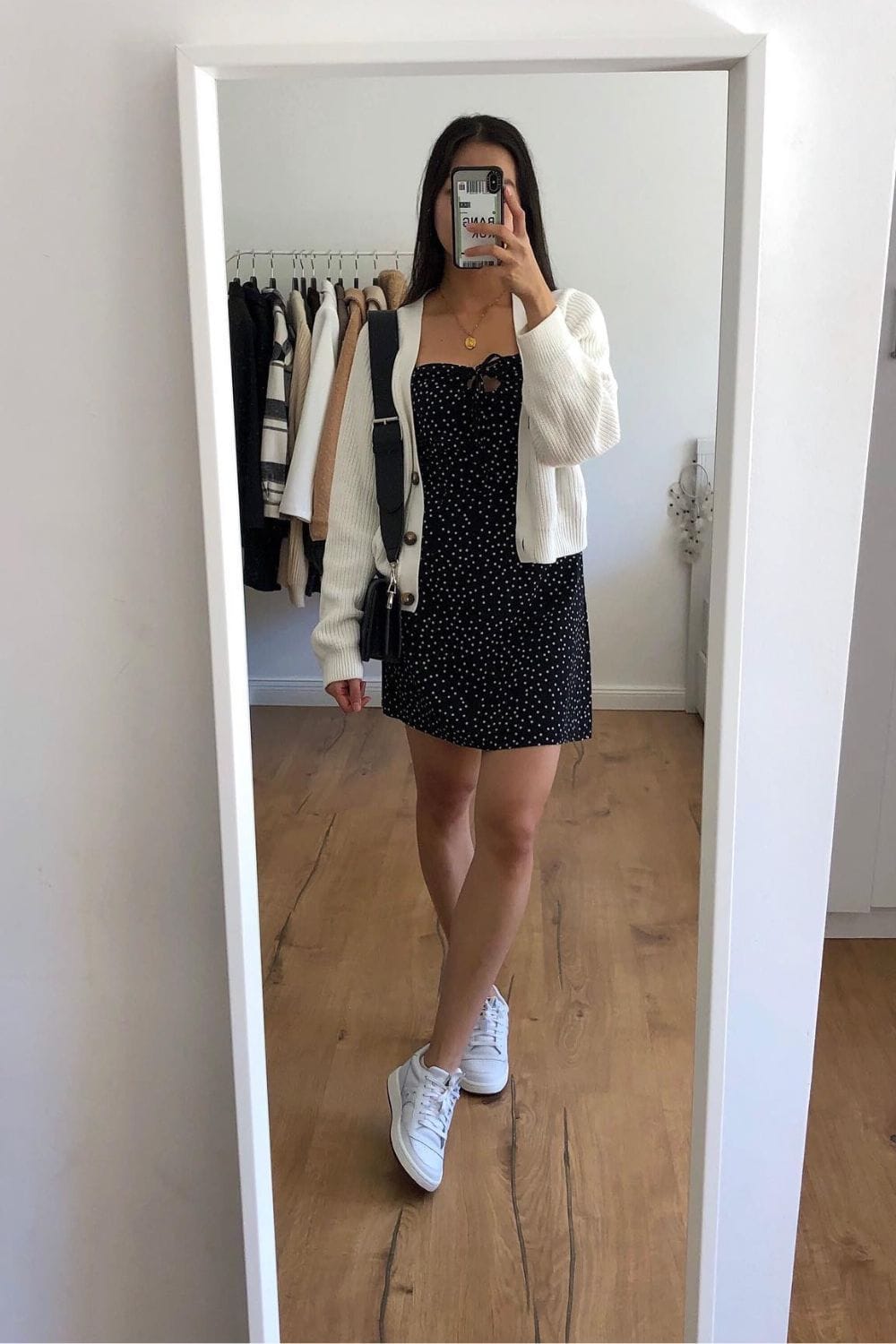 White Polka Dot Mini Dress and White Cardigan