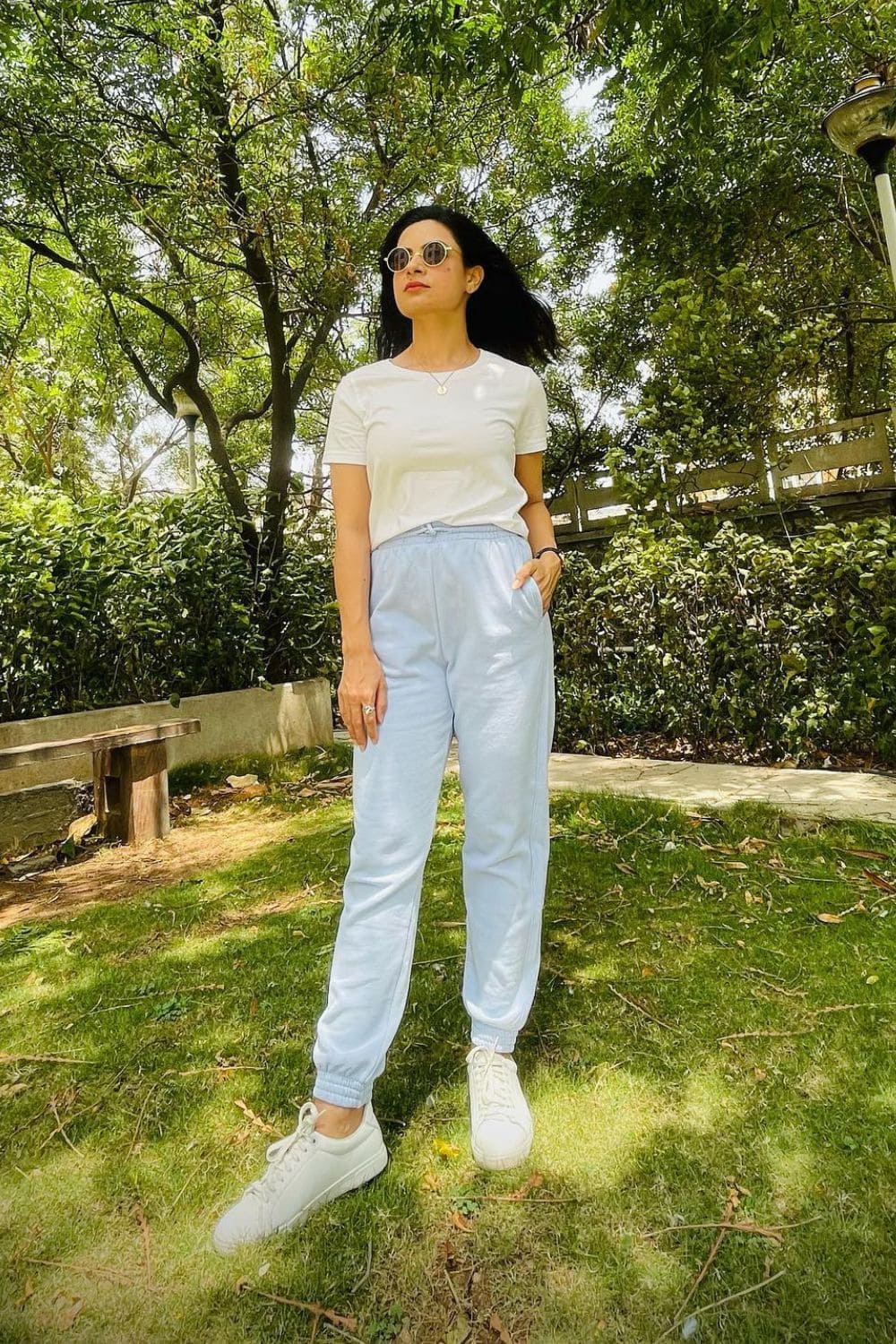 White T-Shirt and Light Blue Sweatpants
