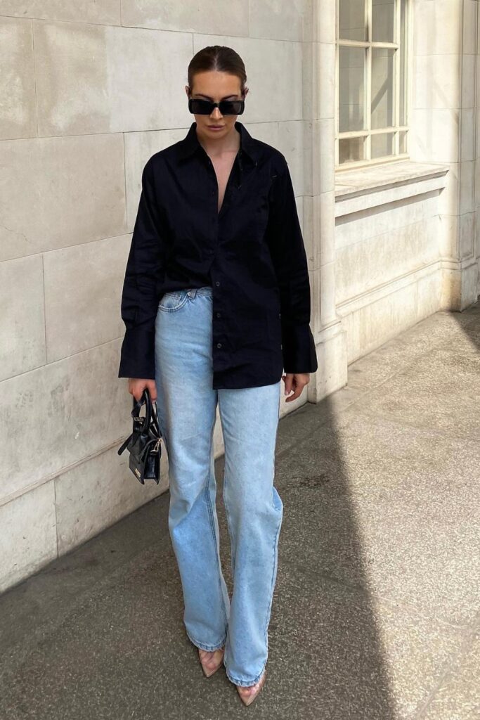 Black Oversized Shirt and Wide-Leg Jeans