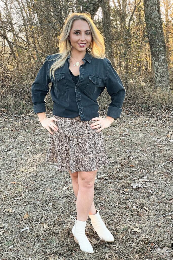 Dark Denim Shirt and Leopard Skirt