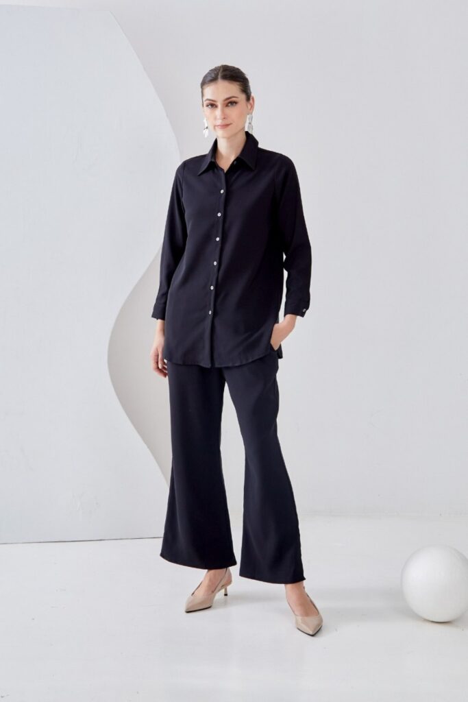 Black Button-Up Shirt and Black Trousers