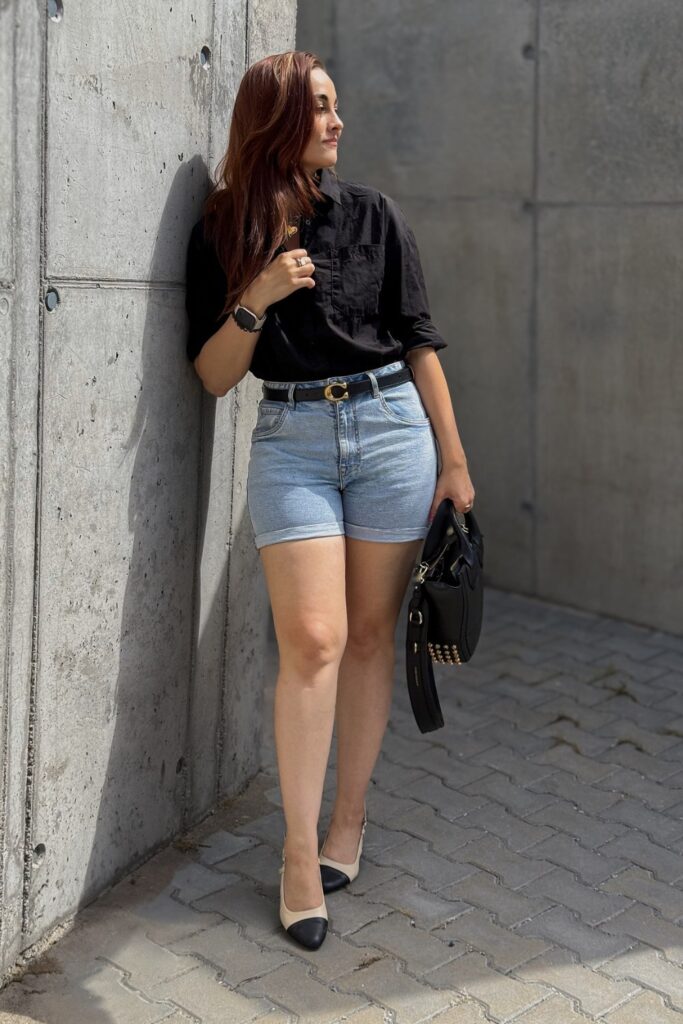 Black Shirt and Denim Shorts