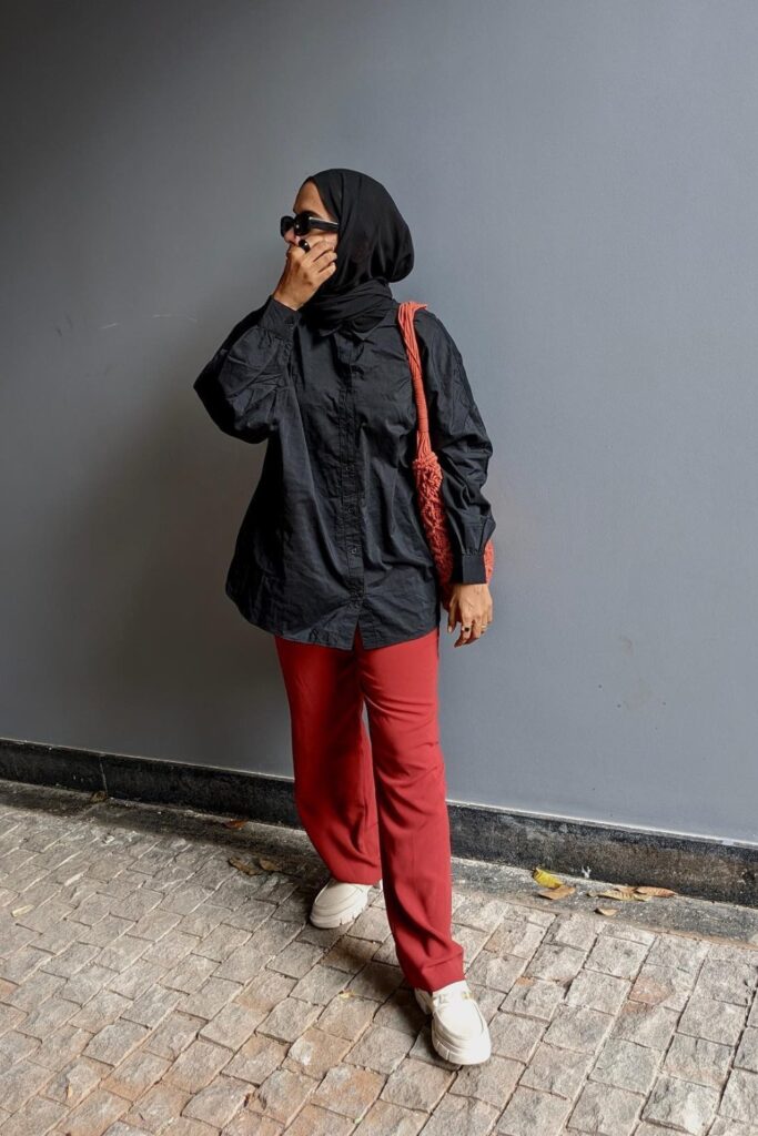 Black Oversized Shirt and Red Trousers