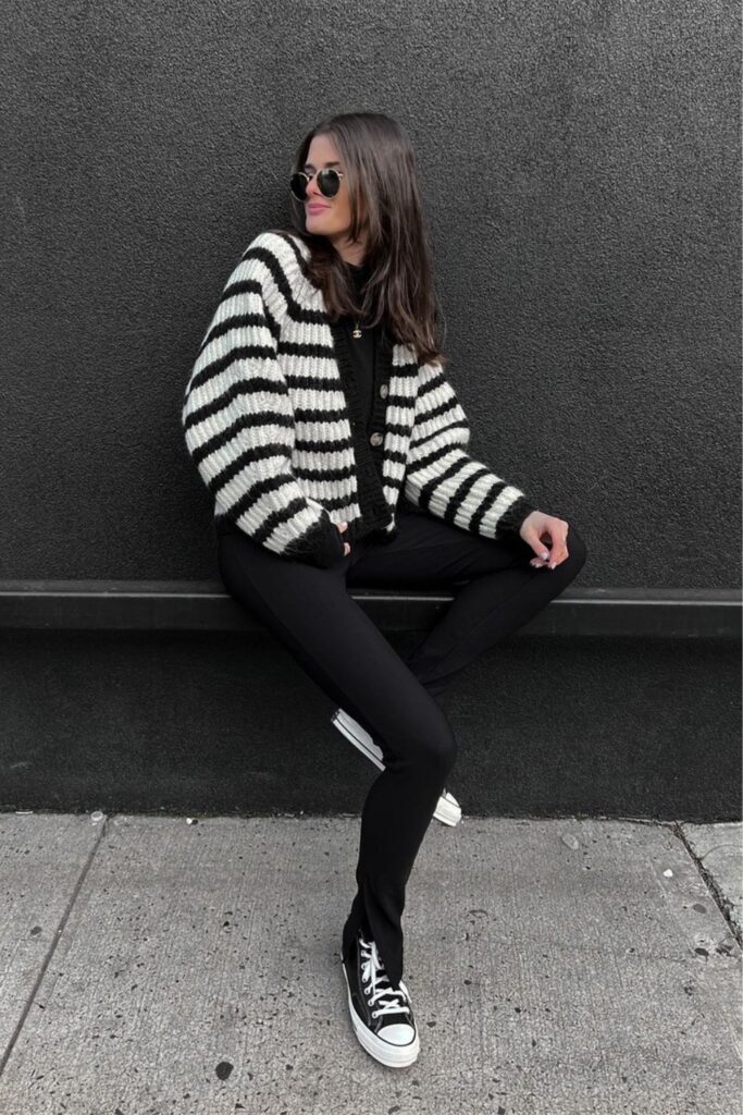 Striped Cardigan and Black Leggings