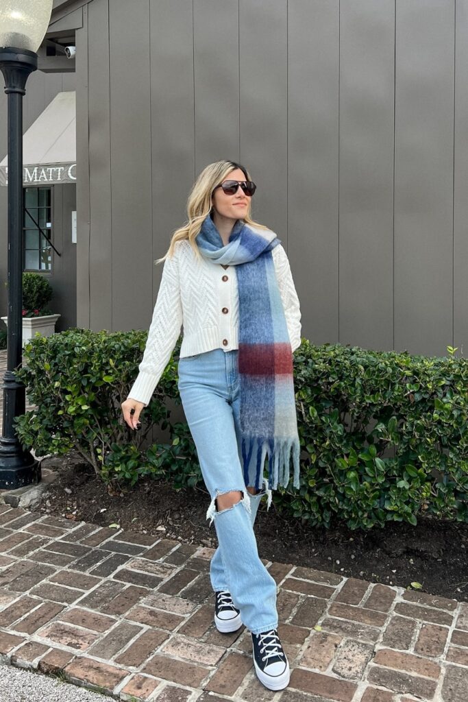 Cable Knit Cardigan and Distressed Jeans