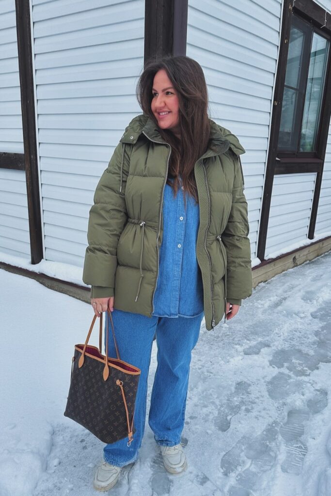 Puffer Jacket and Denim Shirt