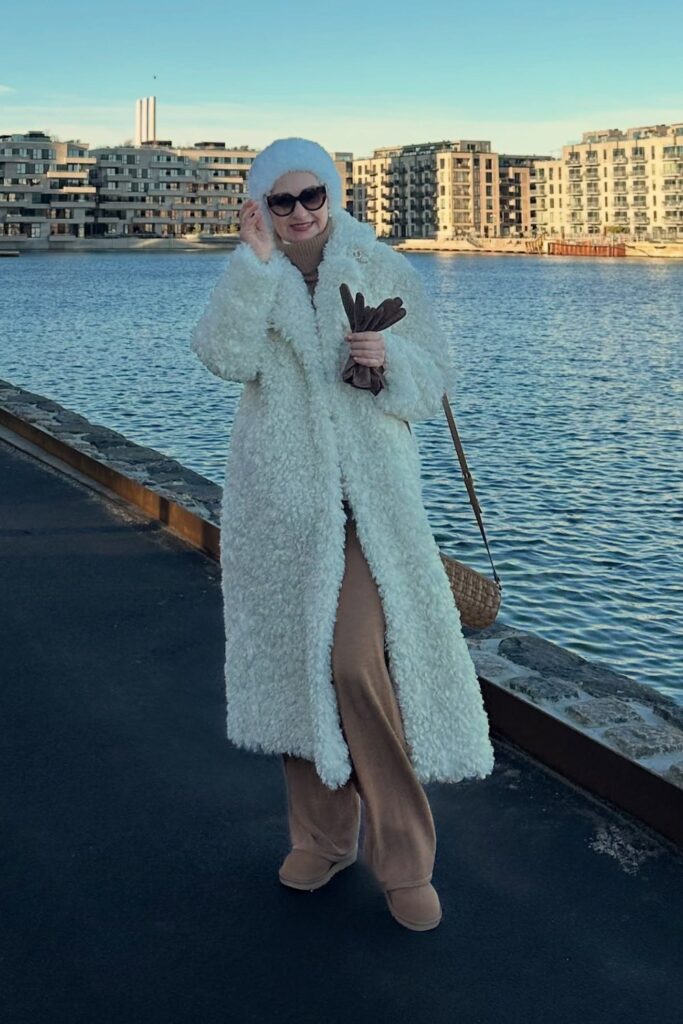 Fluffy Long Coat and Wide-Leg Pants