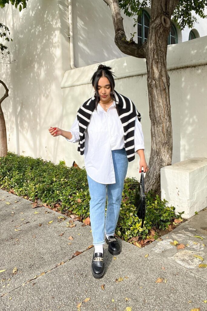 White Oversized Shirt and Striped Sweater