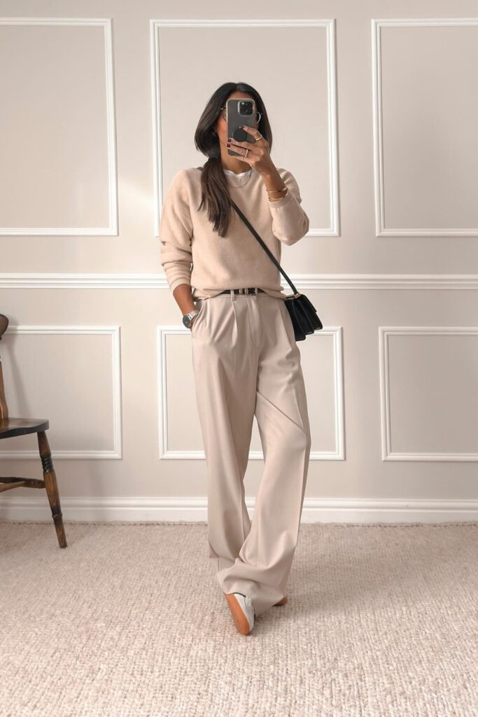Beige Crewneck Sweater and Wide-Leg Trousers
