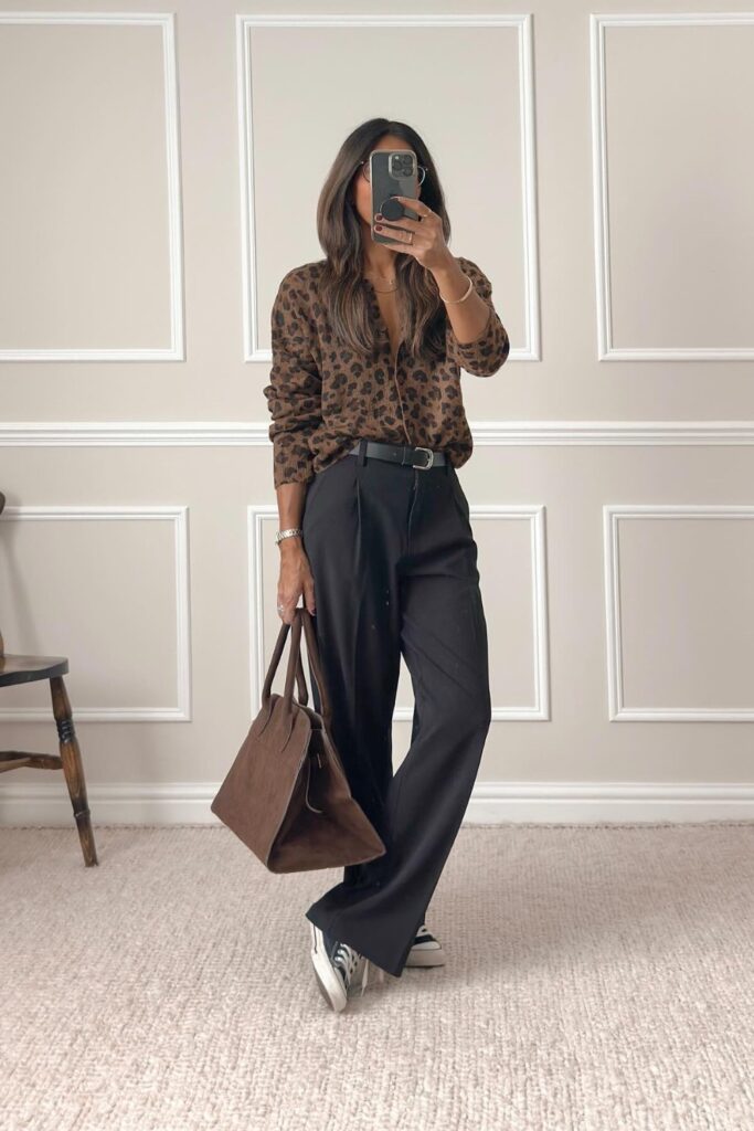 Leopard Print Sweater and Wide-Leg Trousers