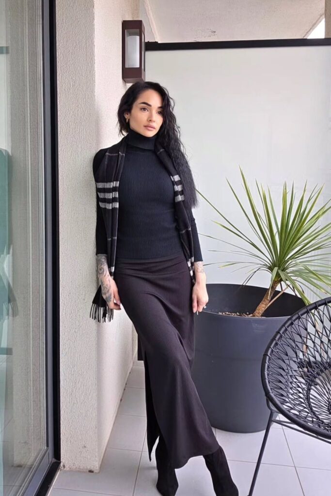 Black Turtleneck Sweater and Maxi Skirt