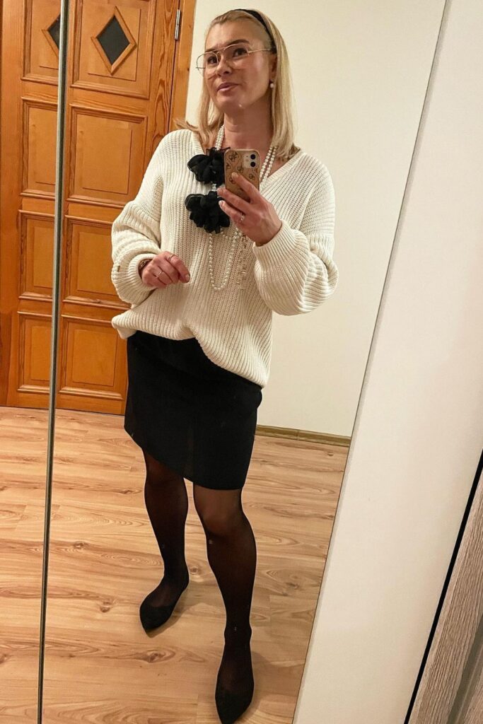 Cream Sweater and Black Pencil Skirt