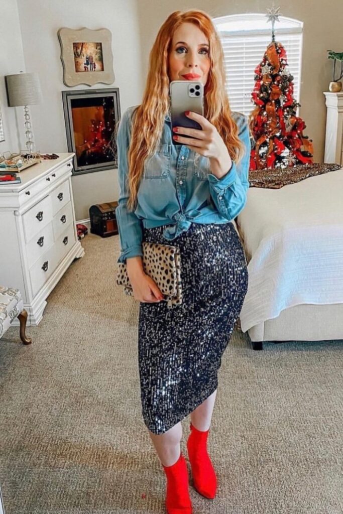 Denim Shirt and Sequined Navy Skirt