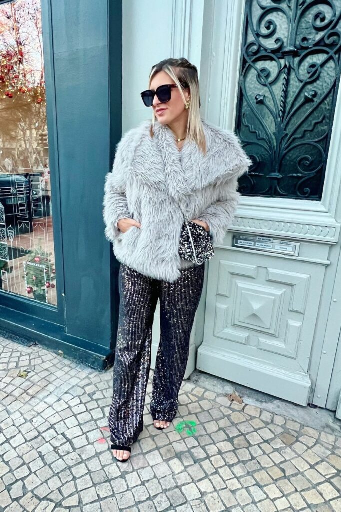 Gray Fuzzy Coat and Sequined Pants
