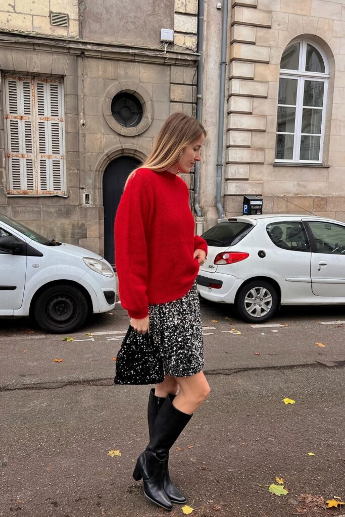 Red Oversized Sweater and Sequin Skirt