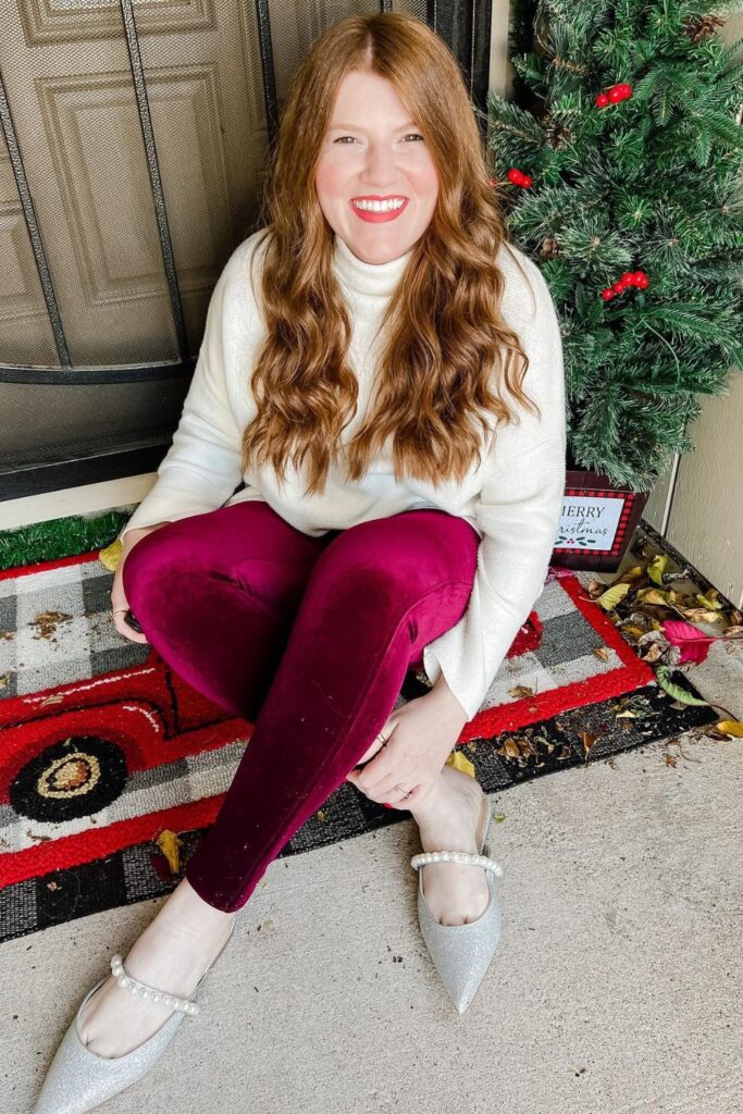 White Turtleneck and Burgundy Velvet Pants