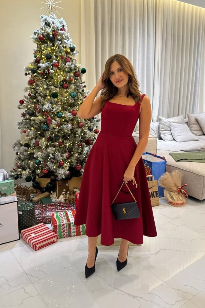 Red Midi Dress with Square Neckline