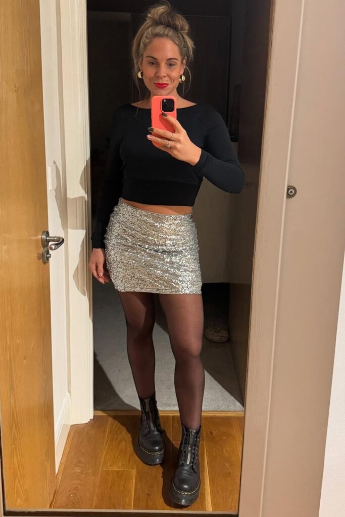 Black Crop Top and Silver Sequin Skirt
