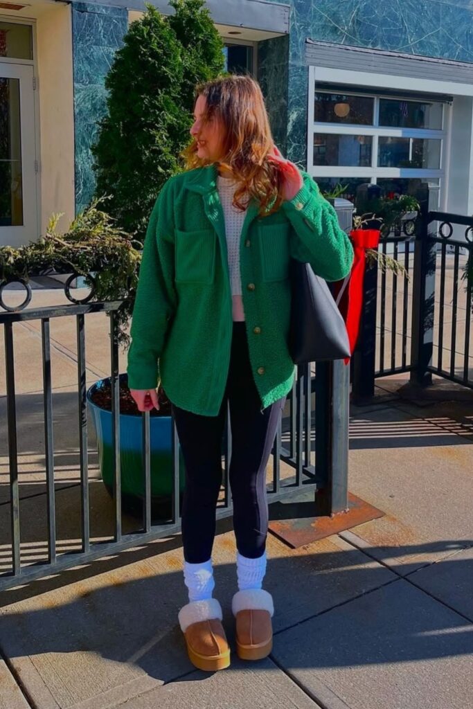 Green Cardigan and Black Leggings