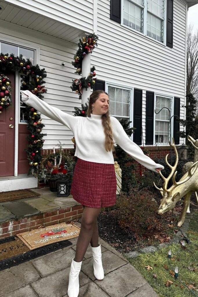 White Turtleneck and Red Plaid Skirt