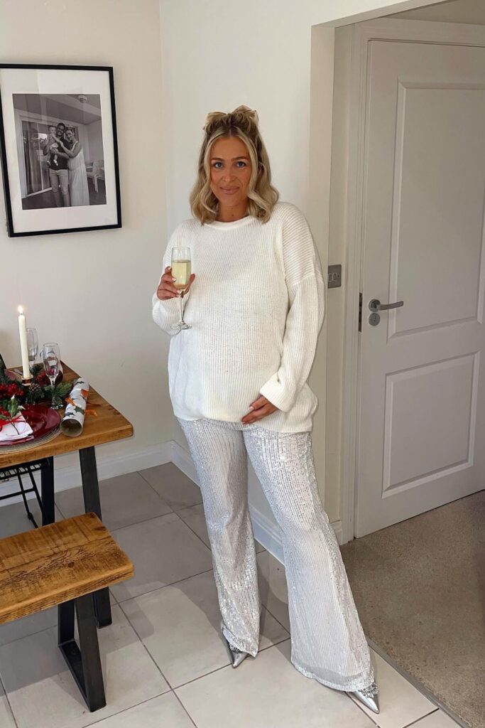 White Chunky Sweater and Sequined Pants