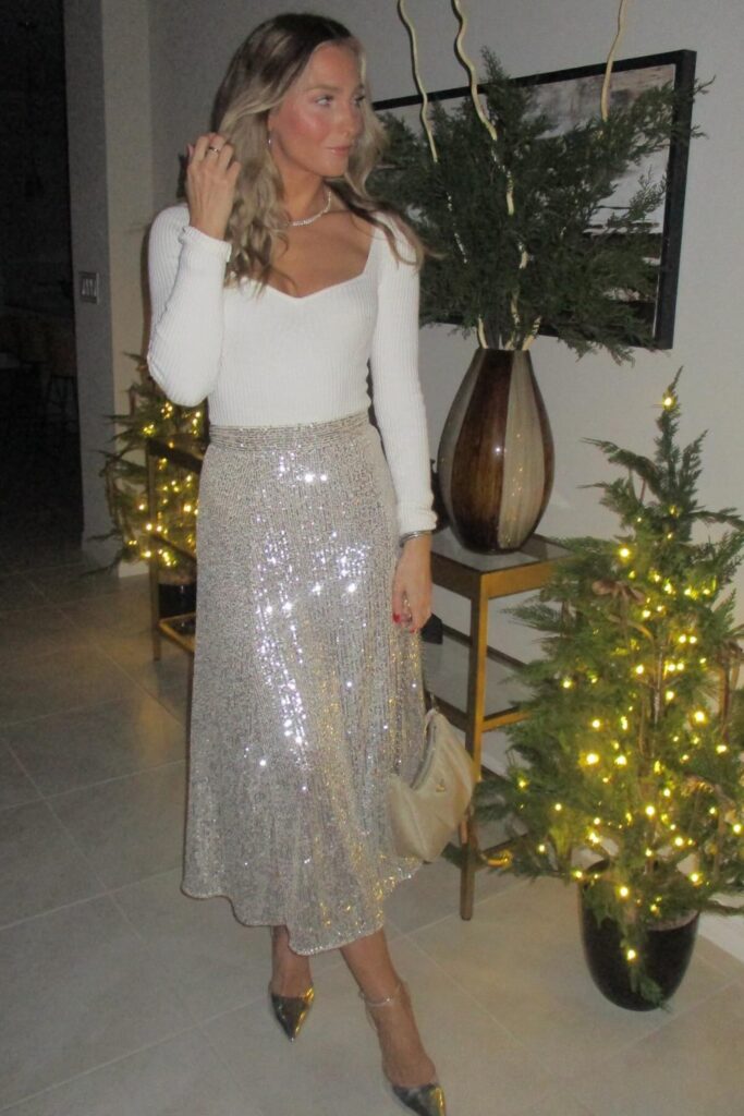 White Ribbed Top and Silver Sequin Skirt