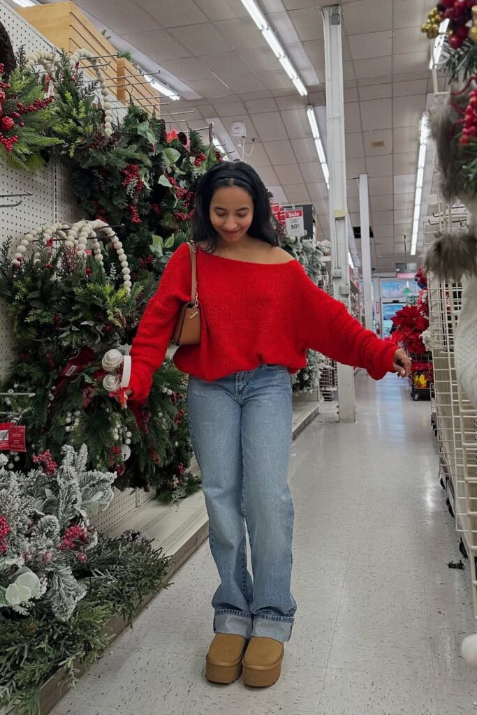 Red Off-Shoulder Sweater and Jeans