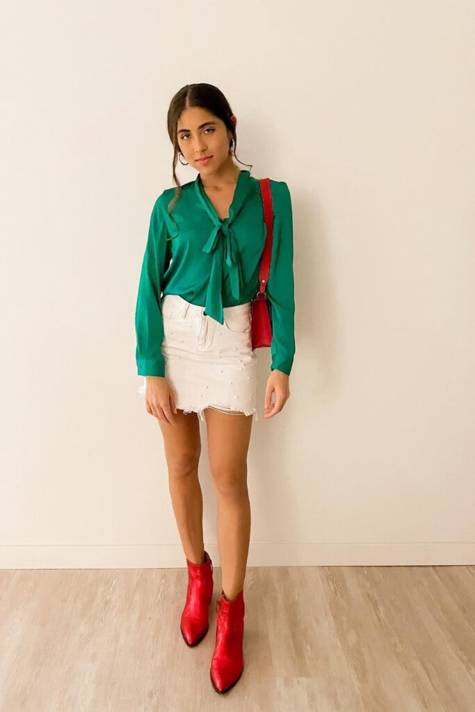Green Tie-Neck Blouse and White Denim Skirt