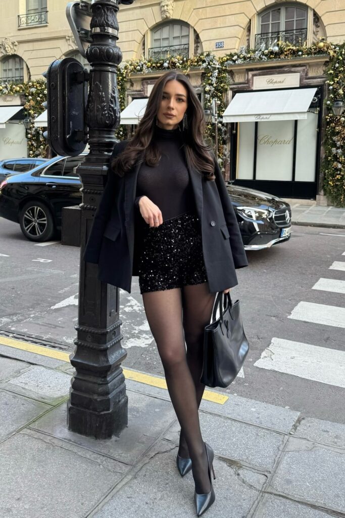Black Turtleneck and Sequin Mini Skirt