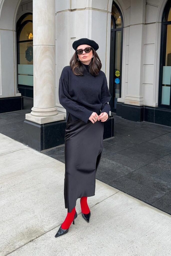 Navy Sweater and Black Satin Skirt
