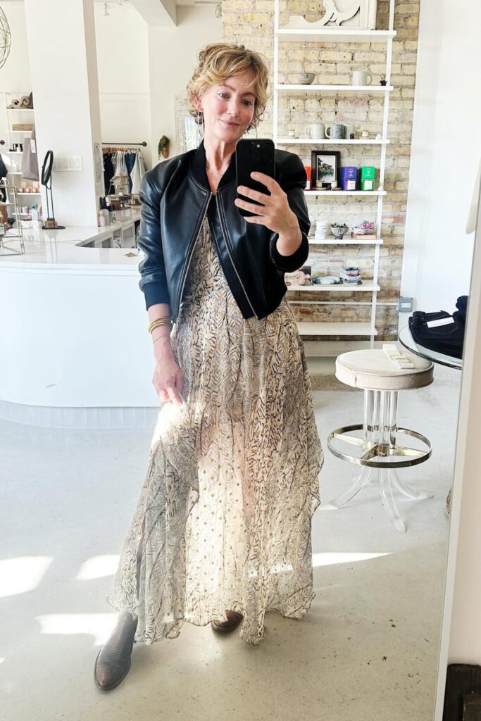 Printed Maxi Dress with Leather Jacket