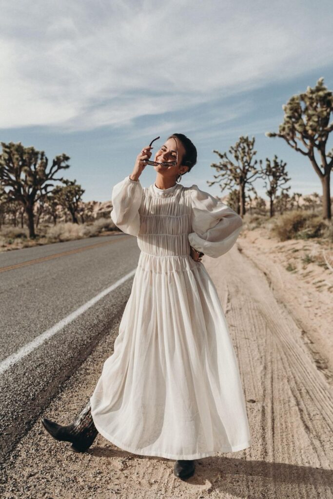 White Flowy Maxi Dress with Puffed Sleeves