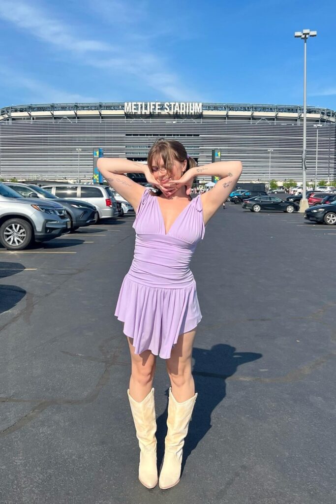 Light Purple Mini Dress and Cream Boots