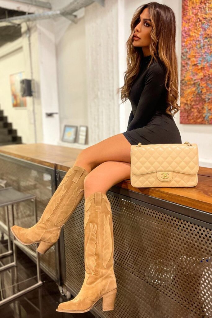 Black Bodycon Mini Dress and Tan Suede Boots