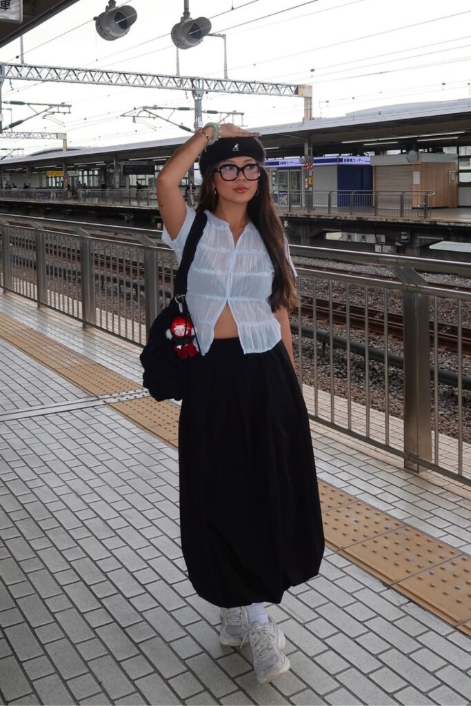 White Sheer Button-Up and Black Maxi Skirt