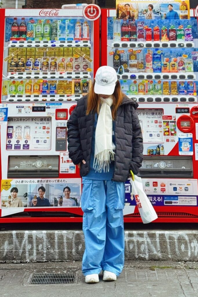 Black Puffer Jacket and Wide-Leg Pants