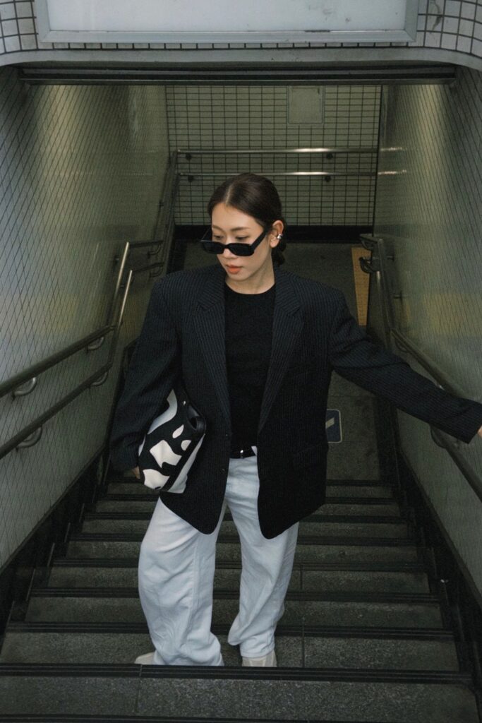 Black Blazer and White Wide-Leg Trousers