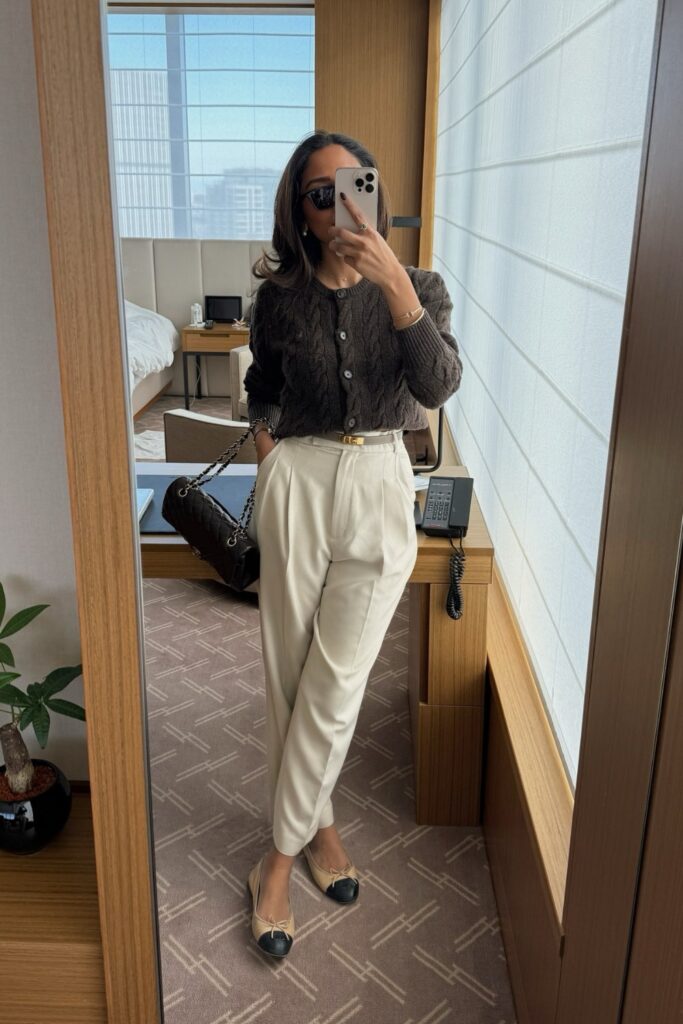 Gray Cable Knit Cardigan and Cream Trousers