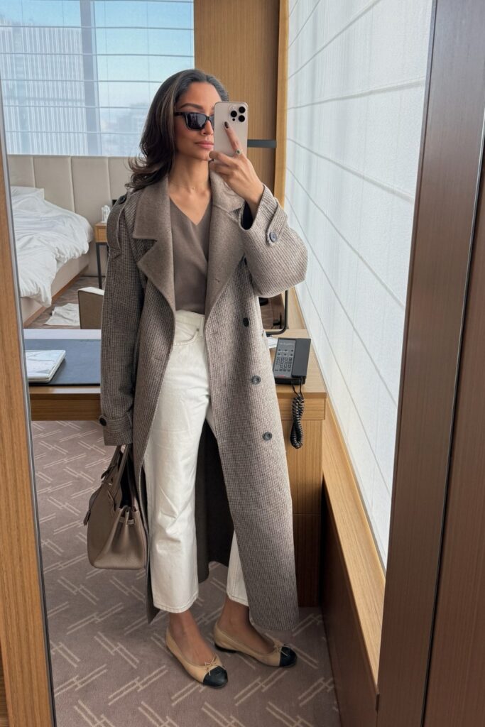 Gray Oversized Coat and White Wide-Leg Pants