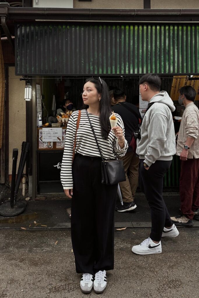 White Striped Top and Black Wide-Leg Pants