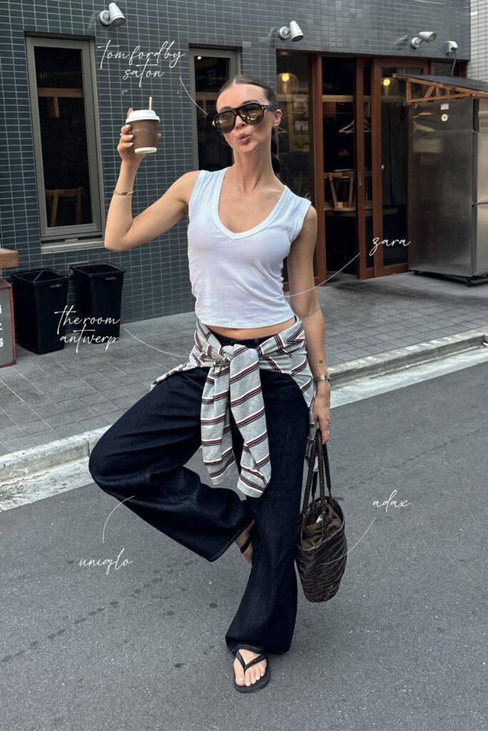 White Tank and Sweater Tied at Waist