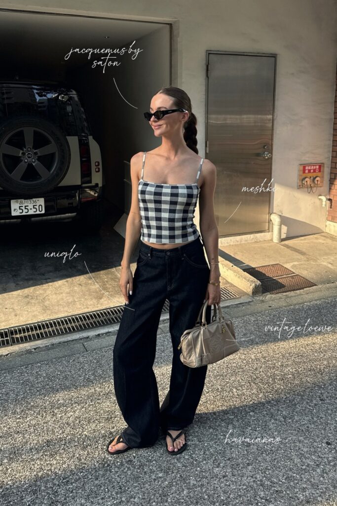 Gingham Crop Top and Black Wide-Leg Jeans