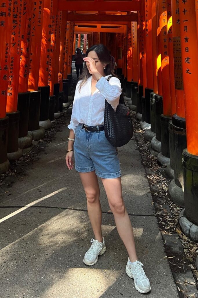 White Button-Up and Denim Shorts