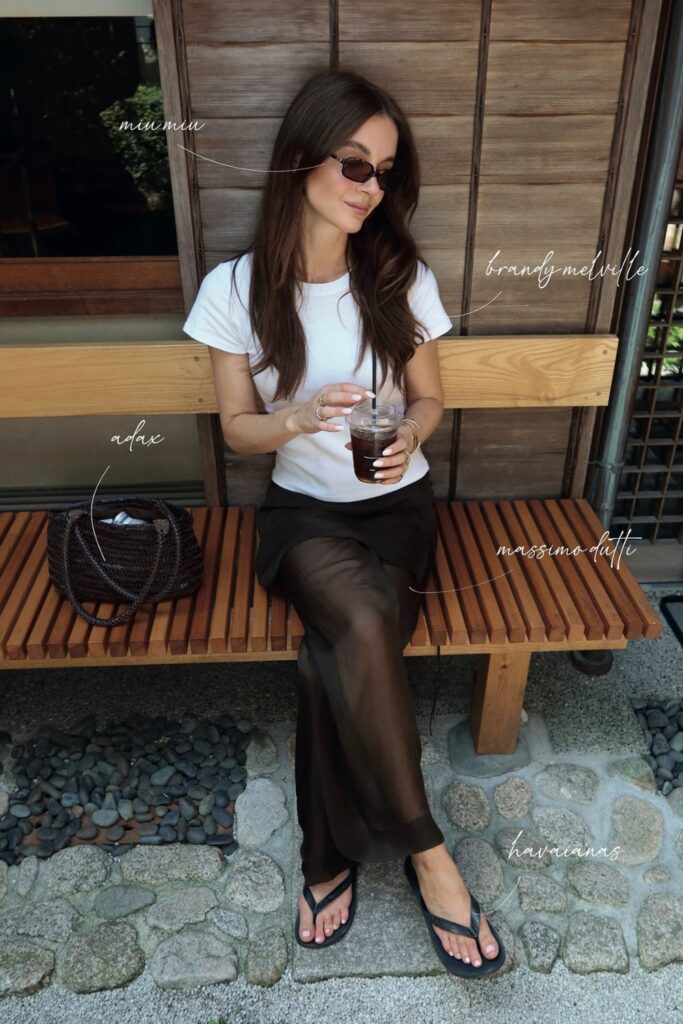 White T-Shirt and Brown Sheer Maxi Skirt