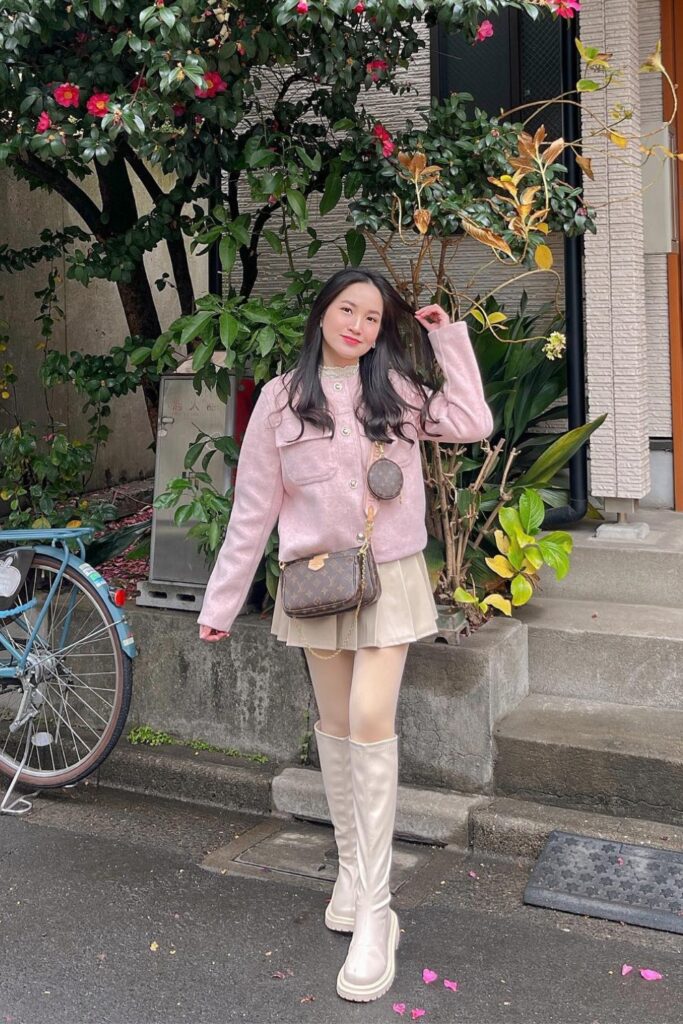 Button-Up Jacket and Pleated Mini Skirt
