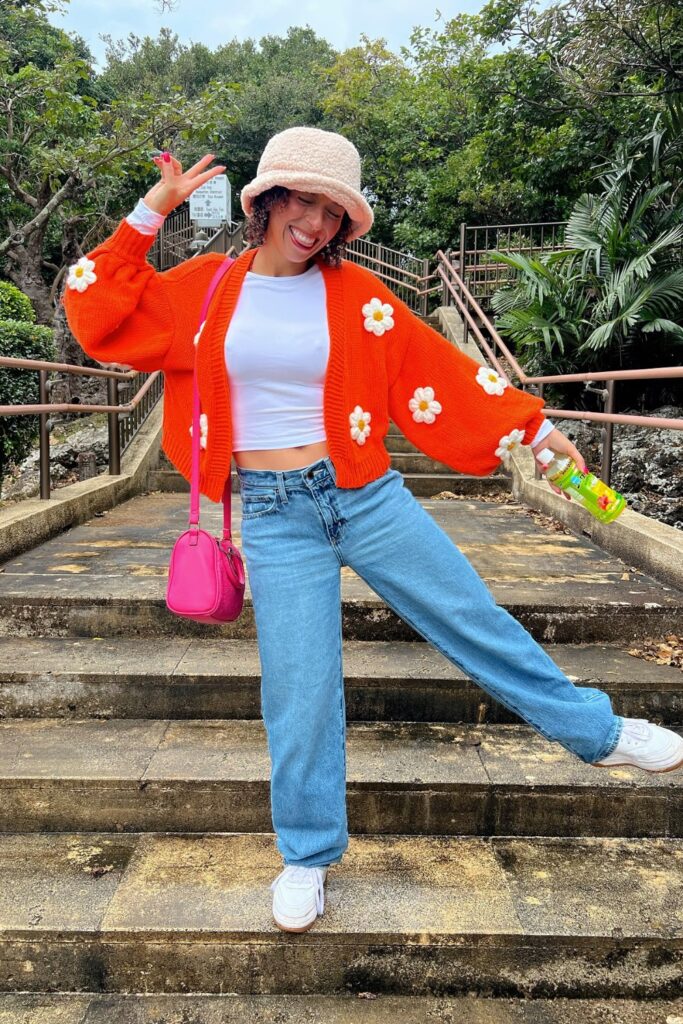 Crop Top and Cardigan with Flower Appliques